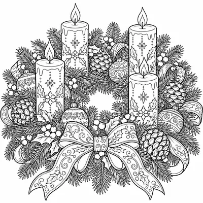 Adventskranz mit vier Kerzen, Tannenzapfen, Kugeln, Stechpalmenbeeren und einer großen Schleife