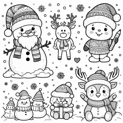 Coloring sheet: bearded snowman, scarfed reindeer, small snowmen, a child with a pencil and snowflakes