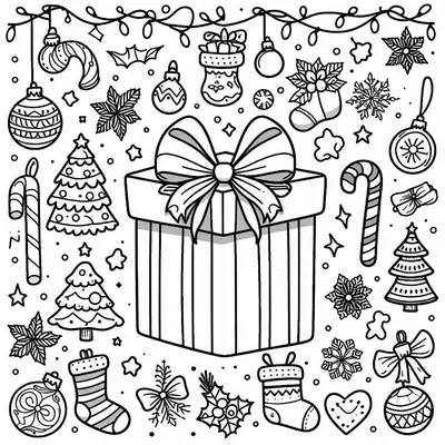 Malvorlage: großes Geschenk mit Schleife in der Mitte, umgeben von Tannen, Strümpfen, Kugeln, Zuckerstangen, Sternen