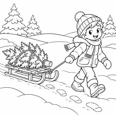 Junge zieht einen kleinen Weihnachtsbaum auf einem Holzschlitten durch den Schnee