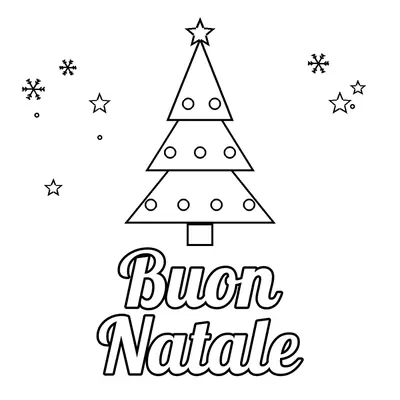 «Buon Natale» in corsivo sotto un albero di Natale con palline e stella in cima