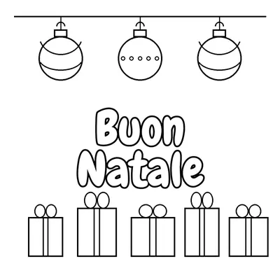 «Buon Natale» tra tre palline appese e una fila di pacchetti regalo