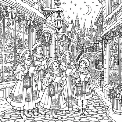 Weihnachtssänger mit Laternen und Liederbüchern in einer verschneiten Altstadtgasse mit geschmückten Schaufenstern