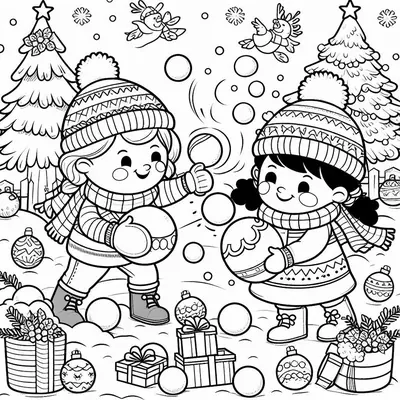 Zwei Kinder in Mützen tragen im Garten große Weihnachtskugeln, dazu Tannen, Geschenke und Kugeln am Boden; Ausmalbild