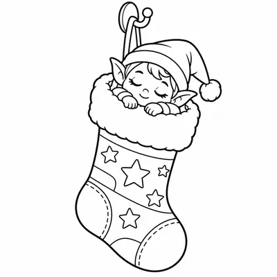 Kleiner Weihnachtswichtel schläft in einem Weihnachtsstrumpf mit Sternen, der an einem Haken hängt