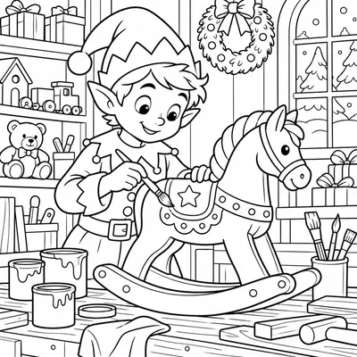 Weihnachtswichtel malt in einer Spielzeugwerkstatt einen Stern auf ein hölzernes Schaukelpferd