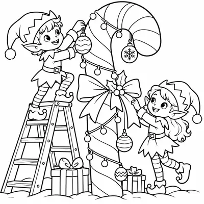 Zwei Weihnachtswichtel schmücken eine riesige Zuckerstange mit Kugeln und Schleife, einer steht auf einer Leiter
