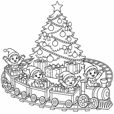 Weihnachtswichtel winken aus einer Spielzeugeisenbahn voller Geschenke, die um einen geschmückten Baum fährt