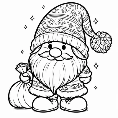 Ausmalbild: Weihnachtsgnom mit langem Bart und gemusterter Mütze mit großem Bommel, in der Hand ein Geschenkesäckchen