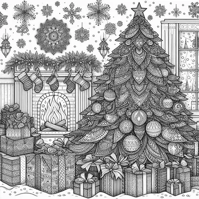 Ausmalbild: Weihnachtszimmer mit großem Tannenbaum, Kamin mit fünf Strümpfen und Feuer, Fenster, Geschenkestapel