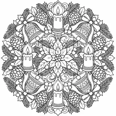 Kerstmandala met kaarsen, klokjes, dennenappels en hulst rond een bloem in het midden