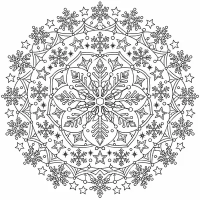 Kerstmandala van sneeuwvlokken en kleine sterren rond een grote sneeuwvlok in het midden