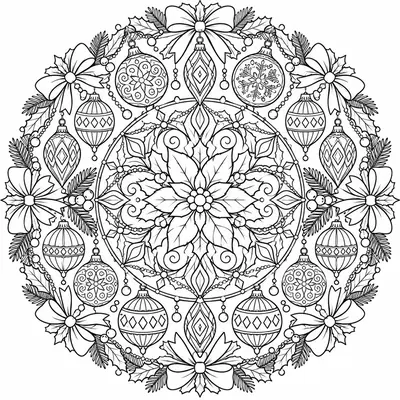 Kerstmandala met een ring van hangende kerstballen, strikken en een kerstster in het midden