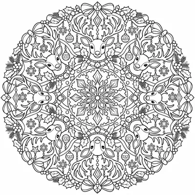 Kleurplaat van een kerstmandala met een ring van rendierkoppen, kerstballen en dennentakken