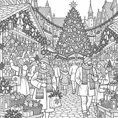 Weihnachtsmarkt zum Ausmalen: Holzbuden mit Girlanden, Besucher in Mänteln und Schals, ein hoher geschmückter Baum