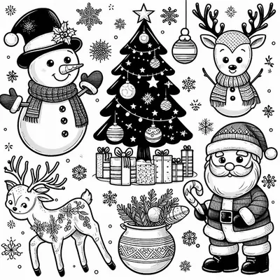 Christmas motifs to color: a snowman, a black tree with presents, two reindeer, a pot of branches and Santa