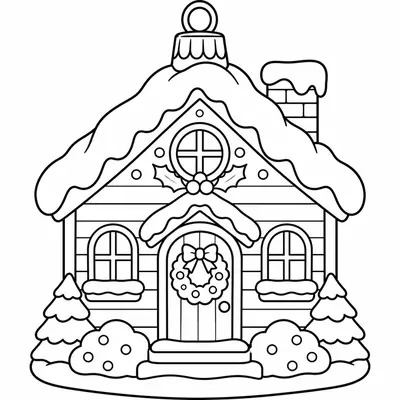 Weihnachtskugel in Form eines kleinen Hauses mit verschneitem Dach, Kranz an der Tür und Schornstein