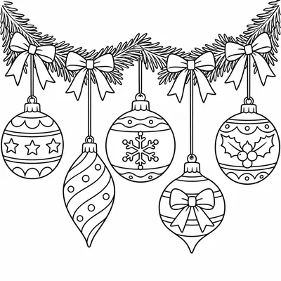 Fünf Weihnachtskugeln mit Schleifen, die an einer Tannengirlande hängen