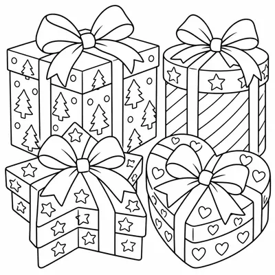 Weihnachtsgeschenke in Form von Würfel, Zylinder, Stern und Herz, jedes mit einer Schleife