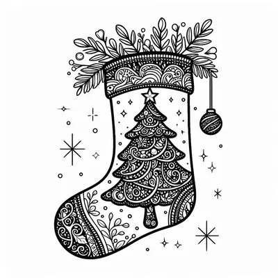 Coloring page of a Christmas stocking decorated with a finely patterned fir tree, branches, a hanging ornament and stars