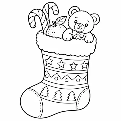 Christmas stocking filled with an orange, candy canes and a small teddy bear
