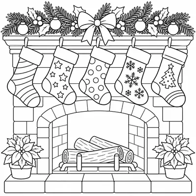 Five Christmas stockings with different patterns hanging from a fireplace mantel with garland
