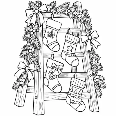 Four Christmas stockings hanging on a wooden ladder decorated with garland and bows