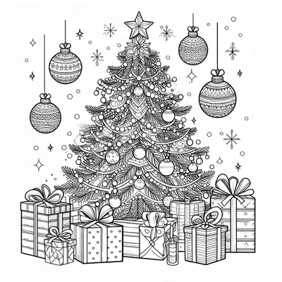 Ausmalbild: Tannenbaum mit Perlenketten und einem Stern, umgeben von großen hängenden Kugeln und Geschenkpaketen