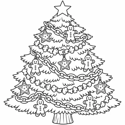 Weihnachtsbaum, geschmückt mit Papierketten, Popcorngirlande, Sternkeksen und Lebkuchenmännern