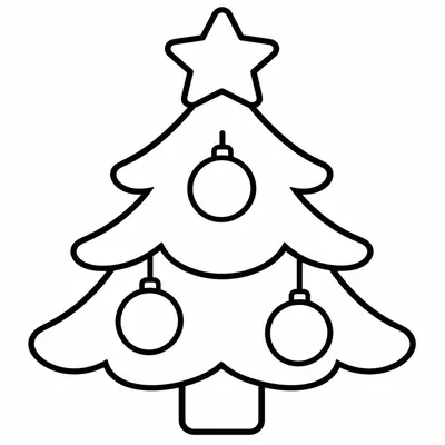 Kleurplaat van een gestileerde kerstboom met dikke lijnen, met een ster bovenin en drie opgehangen ballen