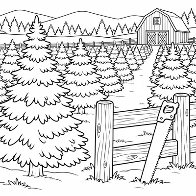 Weihnachtsbaumplantage mit Reihen von Tannen, einer roten Scheune und einer Säge am Zaun