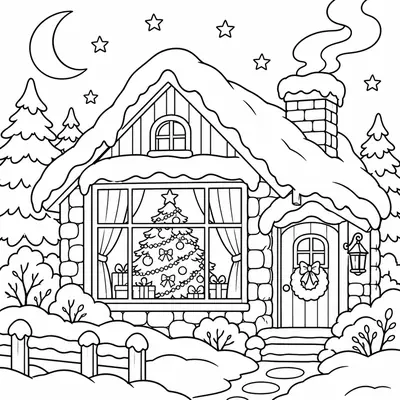 Weihnachtsbaum durch das Fenster einer verschneiten Hütte bei Nacht, aus dem Schornstein steigt Rauch