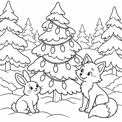 Ausmalbild eines Tannenbaums mit Lichterketten in einem verschneiten Wald, dazu ein sitzender Hase und ein Fuchs