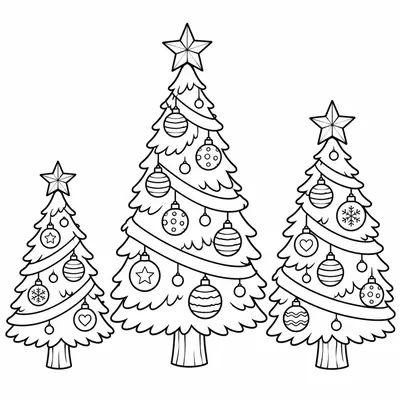 Drei Weihnachtsbäume in verschiedenen Größen, jeder mit einem Stern oben und mit Kugeln