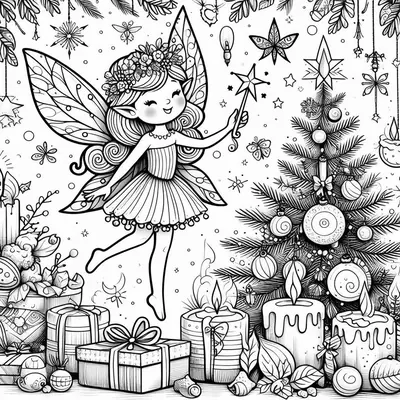 Zum Ausmalen: tanzende Fee mit Sternenstab, geschmückter Tannenbaum, Geschenke, Kerzen und Sterne