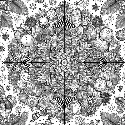 Kleurplaat: zeer dichte mandala met ballen, sokken, sneeuwpop en sneeuwvlokken, door twee zwarte lijnen in vieren gedeeld