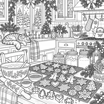 Detailreiche Weihnachtsküche zum Ausmalen: Lebkuchen auf Gittern, Gläser, Rührschüssel und eine schlafende Katze