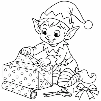 Ausmalbild: Wichtel kniet und verpackt ein Geschenk in gepunktetes Papier, daneben Papierrolle, Schere und Schleife