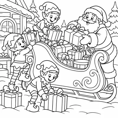 Elves helping Santa load presents into his sleigh