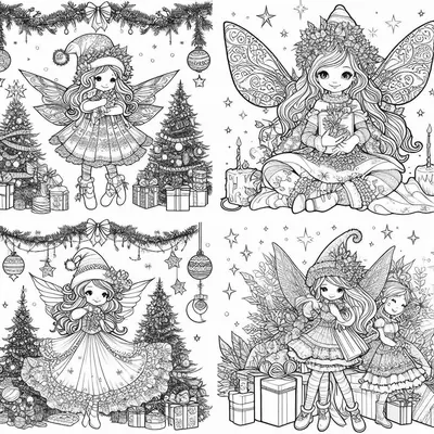 Malvorlage mit vier Feen in Weihnachtsmützen zwischen Girlanden, geschmückten Tannen, Geschenken und Kerzen