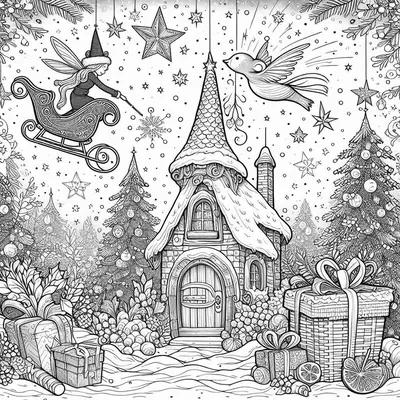 Ausmalbild: Fee in einem kleinen Schlitten, fliegender Vogel, Haus mit verschneitem Dach, geschmückte Tannen, Geschenke