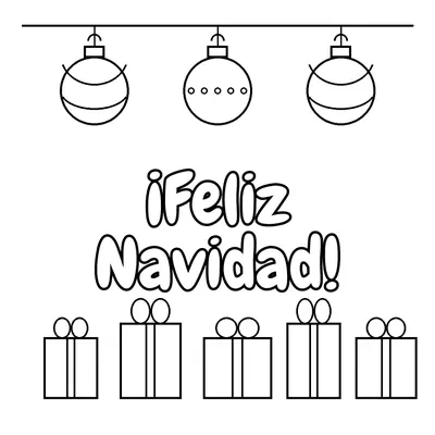 «¡Feliz Navidad!» entre tres bolas colgadas y una fila de regalos envueltos