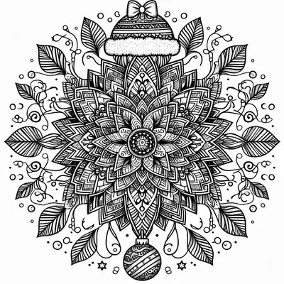 Mandala in Blumenform, von Blättern umgeben, oben eine Kugel mit Schleife und Pelzrand, unten eine Kugel; Ausmalbild
