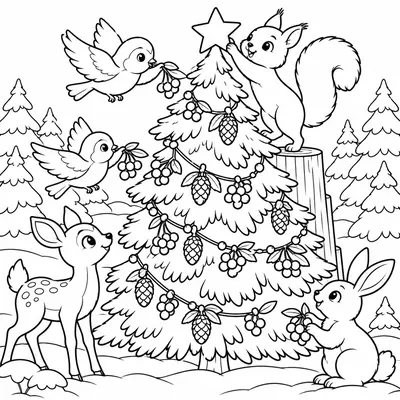 Waldweihnachtsbaum, von Tieren geschmückt: Vögel mit Beeren, ein Eichhörnchen mit dem Stern, ein Rehkitz und ein Hase