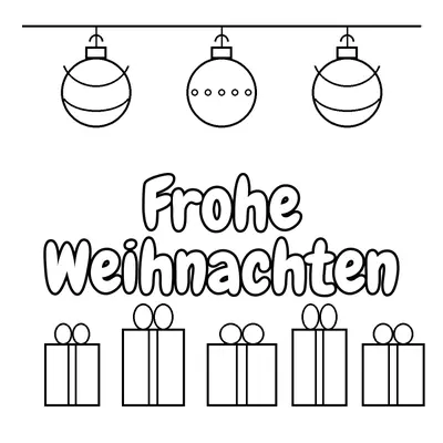 „Frohe Weihnachten“ zwischen drei hängenden Weihnachtskugeln und einer Reihe Geschenke