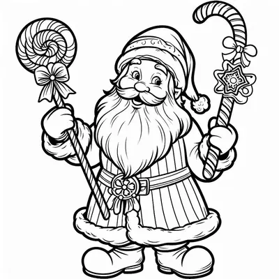 Ausmalbild des Weihnachtsmanns in ganzer Figur mit einem Lutscher mit Schleife und einer Zuckerstange mit Stern