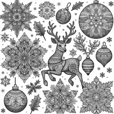 Ausmalbild mit einem springenden Rentier, Weihnachtskugeln, Schneeflocken als Rosetten und Stechpalmenblättern