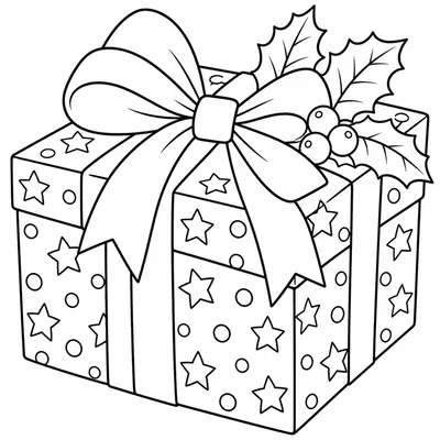 Große Geschenkschachtel mit Sternen und Punkten, dicker Schleife und einem Stechpalmenzweig