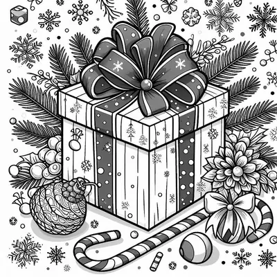 Geschenk mit Band aus Punkten und Flocken, dazu Tannenzweige, Kugel, Zuckerstange und Schneeflocken; Ausmalbild