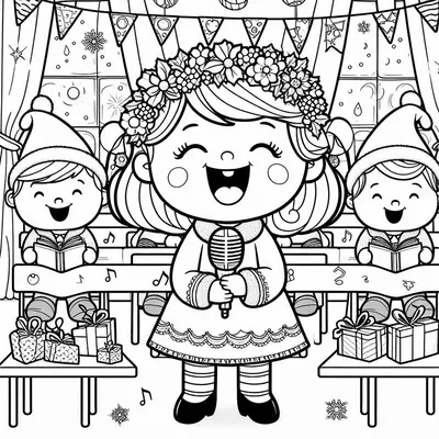 Malvorlage mit einem Mädchen mit Blumenkranz, das ins Mikrofon singt, zwei Kindern in Mützen und Geschenken